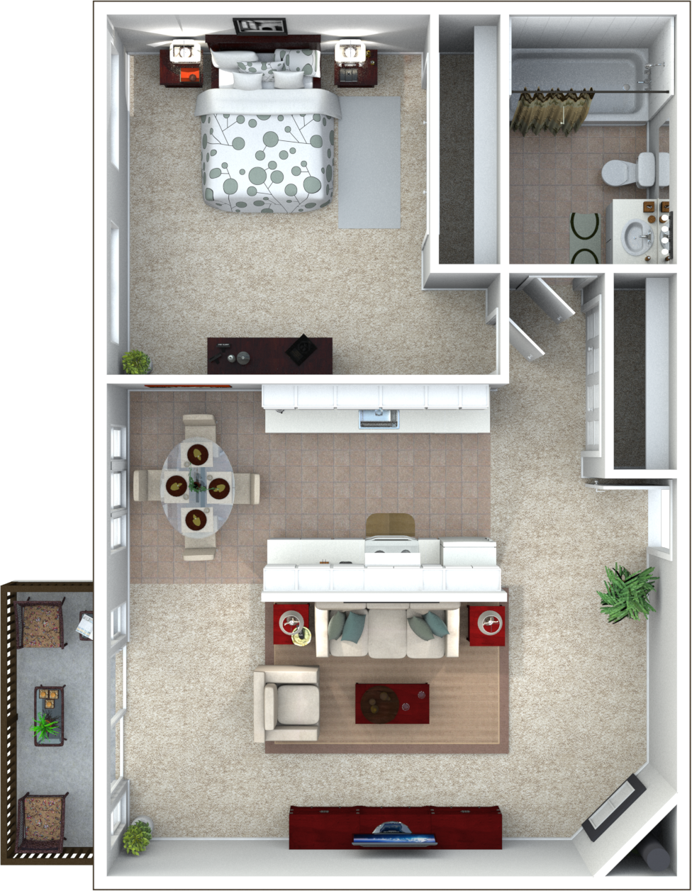 Floor plan for 1 bed, 1 bath, 724 sqft